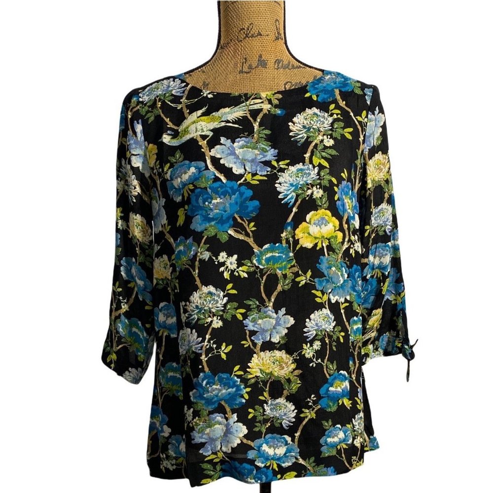 J.Jill XS Womens Tunic Top NWT Black Multicolor Floral 3/4 Sl Bow Tie